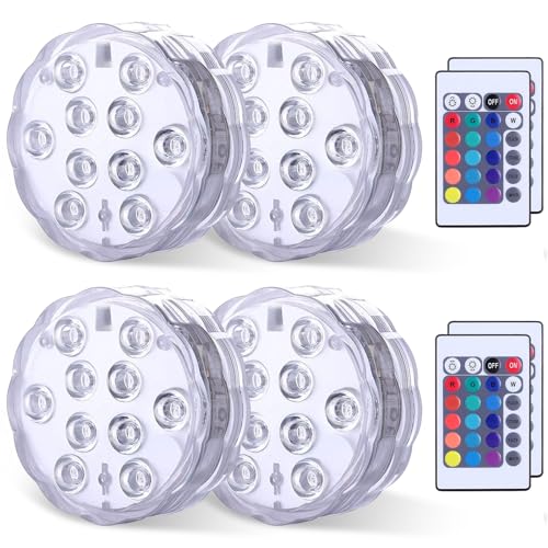 Submersible Pool Light w/Remote, 4-Pack IP68 Waterproof Battery Powered LED | RGB 16 Colors Changing Dimmable Decoration for Above Ground Inground Pool, Pond, Hot Tub, Vase, Aquarium, Party, Bathtub, Spa - size: 4 Pack