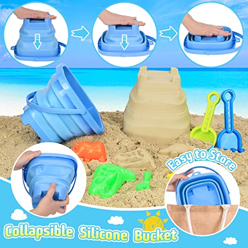 FUSPWEAO Beach Toys with Dump Truck, Collapsible Bucket for Kids Ages 3-12 | Dinosaur Sand Play Set with Sand Molds, Travel Mesh Bag for Sandbox, Backyard, Summer Beach Games, Multi-Scene Outdoor Fun