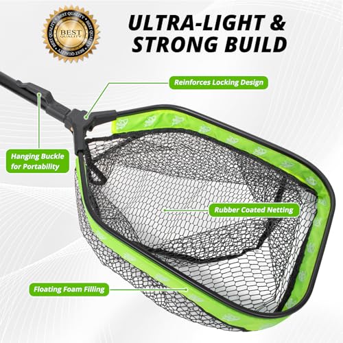 Floating Fishing Net for Fly Fishing, Foldable Landing Net | 31.2" Length, 15"x11.8" Hoop, Fish Net with Rubber Coated Polyethylene Mesh for Bass, Trout, Kayak & Boat Fishing - color: Green