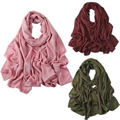 3PC Premium Modal Lightweight Hijab, Fashion Soft Head Scarf Shawl Wraps for Muslim Women Daily Wear - color: Series 4-burgundy/Olive/Dusty Rose
