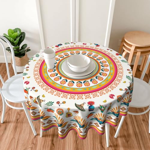 Mexican Floral Art Tablecloth Mexico Round Table Cover Washable Table Cloth for Home Kitchen Party Picnic 60 Inch - color: Mexican Floral Art