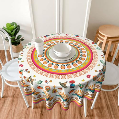 Mexican Floral Art Tablecloth Mexico Round Table Cover Washable Table Cloth for Home Kitchen Party Picnic 60 Inch - color: Mexican Floral Art