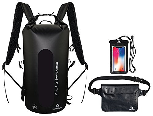 Freegrace Waterproof Dry Bag Set of 3 - Submersible Dry Sack with Double Zip Lock Seals - Includes Waist Pouch & Phone Case - Perfect for Kayaking, Swimming, Boating & Rafting (Window, Black, 35L) - color: Black, size: 35L, style: Window