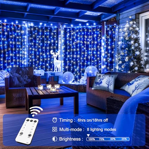 JMEXSUSS 300LED Christmas Curtain Lights Plug in, Blue and White, 9.8x9.8ft - color: Blue and White, size: 300 LED