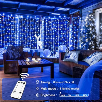 JMEXSUSS 300LED Christmas Curtain Lights Plug in, Blue and White, 9.8x9.8ft - color: Blue and White, size: 300 LED
