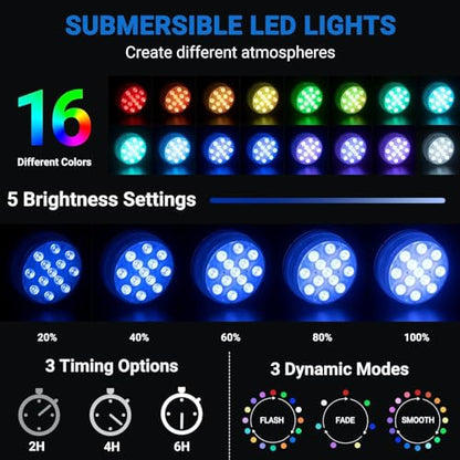 LOFTEK Pool Lights, Submersible LED Lights with Magnets &10 Suction Cups | Battery Operated,13 LED,16 Color Changing, 4 timer, IP68 waterproof, Dimmable for Inground Above Ground Underwater Pool,Ponds - size: 4 Pack-Battery Operated