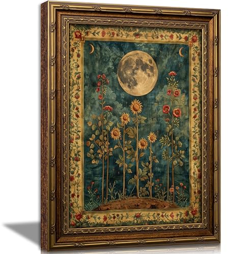 Vintage Gold Framed Celestial Moon Wall Art,Tarot Crescent Moon Painting Canvas Print,Gothic Moody Wildflowers Wall Decor,Dark Academia Vibe Poster Artwork,for Living Room Bedroom Bathroom - color: Sunflower, size: 11"L x 9"W