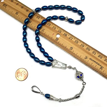 -Gentle Men Collection- Prayer Beads-Worry Beads-Tesbih-Tasbih-Tasbeeh-Misbaha-Masbaha-Subha-Sebha-Rosary (Non-Magnetic Blue Drum Hematite -6x9 mm- 33 Beads) - color: Non-Magnetic Blue Drum Hematite -6x9 mm- 33 Beads