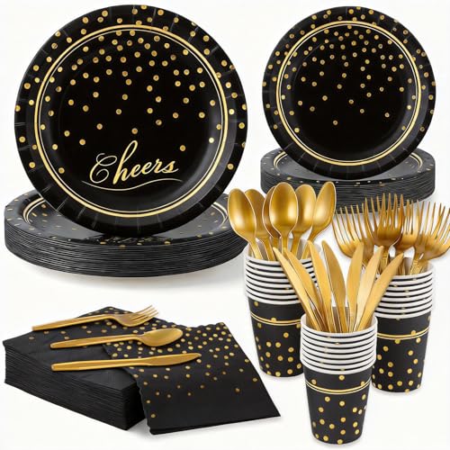 Black Gold Paper Plates and Napkins Party Supplies for 24 Guests, 168 Pcs Disposable Paper Plates with Utensils Set for Black and Gold Graduation Birthday Anniversary Retirement Party Decorations - color: Black