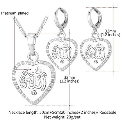 U7 Allah Necklace for Women/Men, 18K Gold Plated Square/Oval/Coin/Heart/Crescent Moon Islamic Pendant Necklace Muslim Jewelry with Chain - color: 07.Heart Necklace+Earrings Platinum