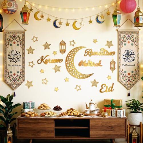 Geelin 23 Pcs Ramadan Decorations for Home 2026 Eid Ramadan Kareem Mubarak Wall Decor Islamic Wooden Gold Moon Star Lantern Wall Art Sign for Living Room Bedroom Muslim Arabic Party Supplies (Eid) - style: Eid