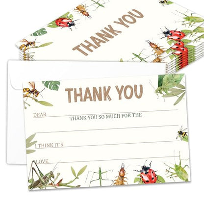 Kids Thank You Cards with Envelopes, Bug Theme Fill in the Blank Thank You Notes for Kids, Toddler Stationery Set, Ideal for Birthday Party, Graduation & School Gag Gifts - B03 - color: Bug Style