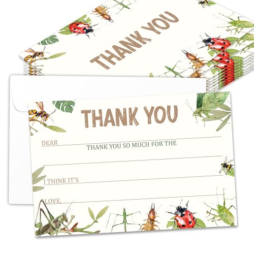 Kids Thank You Cards with Envelopes, Bug Theme Fill in the Blank Thank You Notes for Kids, Toddler Stationery Set, Ideal for Birthday Party, Graduation & School Gag Gifts - B03 - color: Bug Style