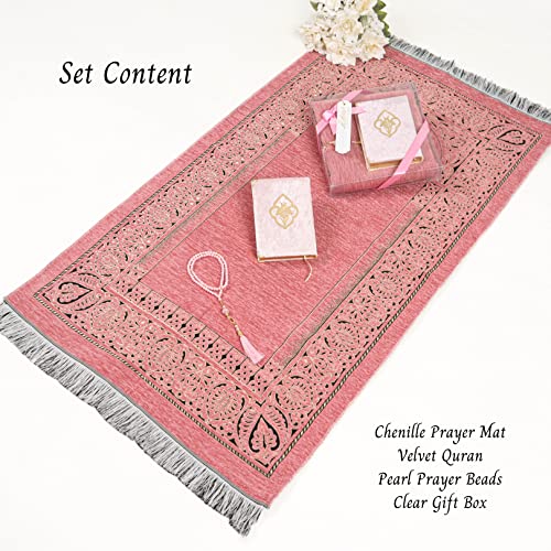 IEF Personalized Prayer Rug Quran Prayer Beads Islamic Gift Set, Ramadan Eid Wedding Birthday Mother's Day Father's Day Anniversary Day Gifts - color: Pink