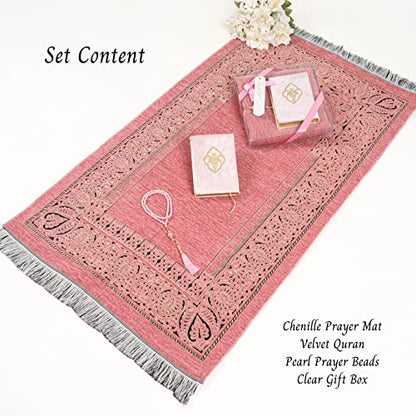 IEF Personalized Prayer Rug Quran Prayer Beads Islamic Gift Set, Ramadan Eid Wedding Birthday Mother's Day Father's Day Anniversary Day Gifts - color: Pink