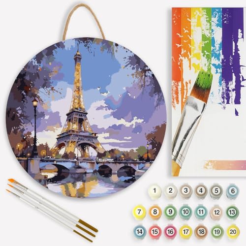 Paris Nightscape Paint by Numbers Kit for Adults on Wood Board – DIY Eiffel Tower Evening Wood Craft Painting Kit, 12 in Round, Acrylic Paint Set, Beginner-Friendly, Relaxing Home Decor Gift - color: TCXY04834