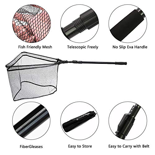 SANLIKE Collapsible Telescopic Fishing Net Rubber Coated Salt/Freshwater | Rubber coated net, fiberglass pole, non-slip rubber handle, various telescopic sizes, one-click storage - color: Black, size: Large