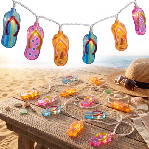 Summer Beach Flip Flop String Lights Plug in, 8.5FT Outdoor Hawaiian Tropical Themed Decoration Lights with 10 LED Multicolor Beach Slipper Lights for Patio Party Birthday Home Window Tent Home Decor - color: Multicolor Shoes