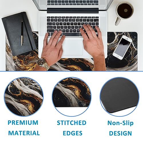 Golden Black Marble Large Gaming Mouse Pad,Waterproof Desk Mat for Desktop,Non-Slip Rubber Base Mousepad with Stitched Edges for Laptop Office and Home 35.4X15.7 Inch - color: Golden Black Marble