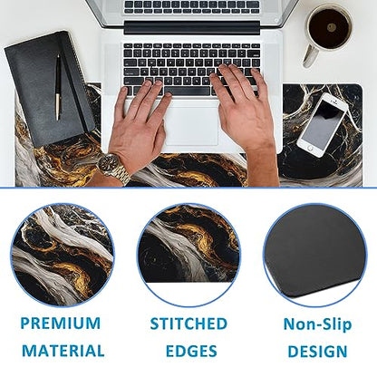 Golden Black Marble Large Gaming Mouse Pad,Waterproof Desk Mat for Desktop,Non-Slip Rubber Base Mousepad with Stitched Edges for Laptop Office and Home 35.4X15.7 Inch - color: Golden Black Marble