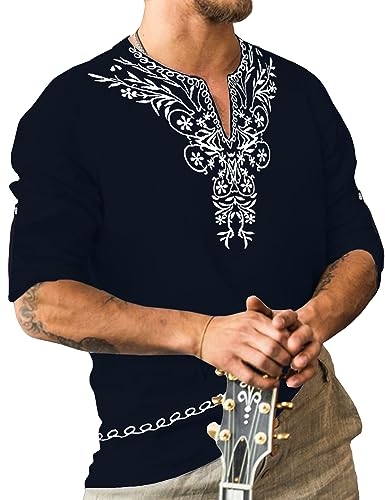 JoZorro Mens Polyester Linen V Neck Henley Shirt Long Sleeve Caftan Handmade Tunic Embroidered Casual Beach T Shirts - color: Navy Blue, size: Small