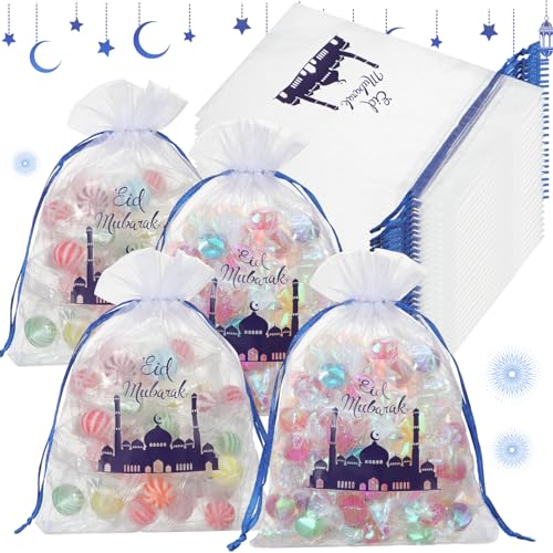 Locmeo 72 Pcs Ramadan Eid Mubarak Organza Drawstring Bags for Candy Goodie Snack 5 x 7 Cellophane Treat Bags Jewelry Muslin Favor Bag for Chocolate Ramadan Eid Mubarak Party Supplies(Dark Blue) - color: Dark Blue