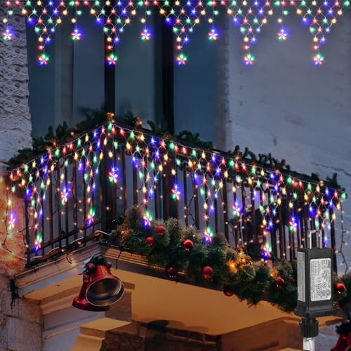 Christmas Lights Outdoor Decorations 218 LED 13.8ft Curtain Fairy Lights with 12 Drops, LED String Light Decor with 8 Modes for Party Holiday Christmas Home Indoor Outdoor Decor Star Multicolor - color: Star Multicolor