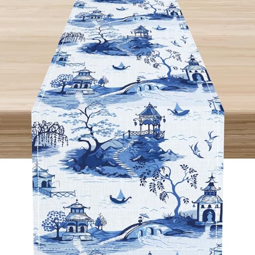 Chinoiserie Table Runner, Vintage Traditional Landscape Ink Painting Oriental Japanese Chinese Asian Style BlueTable Center Decor for Home Kitchen Dining Patio Indoor Outdoor Decoration, 13"x36" Inch - color: Japanese-1, size: 13x36" Table Runner