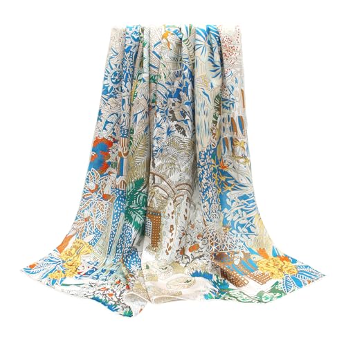 ANDANTINO 100% Silk Scarf 43" Large Square Shawl Women Hair Wraps-Gift Packed - color: Beige&blue