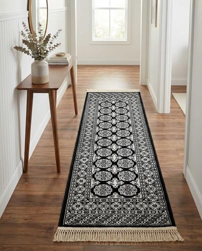 Rugs.com Bokhara Collection Rug – 6 Ft Runner Black and White Medium-Pile Rug Perfect for Hallways, Entryways - color: Black and White, size: 2' x 6' Runner