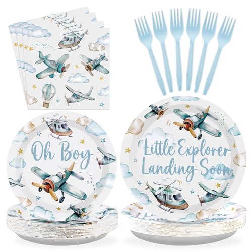 Greencian 96Pcs Airplane Boy Baby Shower Decorations, Serves 24 | Airplane Baby Shower Plates and Napkins Plane Tableware Set for Boys Little Explorer Landing Soon Adventure Party Supplies - style: Airplane Baby Shower Set