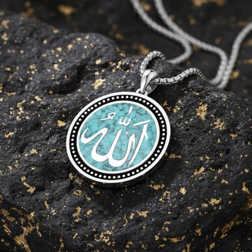 Allah Necklace 925 Sterling Silver Religious Muslim Turquoise Pendant Islamic Jewelry Gifts for Women Men
