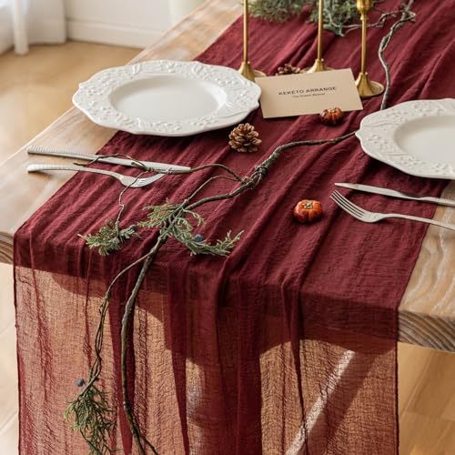 6Pcs Burgundy Cheesecloth Table Runner 120 Inches for Party Home Decor - color: Burgundy, size: 35"x120"(Pack of 6)