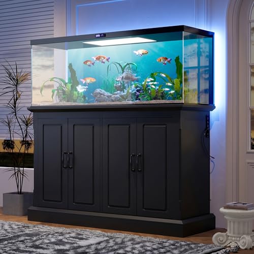 55-75 Gallon Fish Tank Stand with Power Outlet, 4-Cabinet Reptile Tank Stand for Turtle Terrarium, Heavy Duty, Black - color: Black, size: 50"L x 20"W x 36.2"H