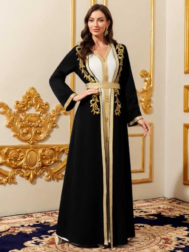 Elegant Muslim Dress with Gold Embroidered Evening Gown, Traditional Islamic Attire - color: A-black, size: Medium