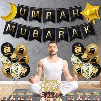Umrah Mubarak Party Decoration Balloons - 33 Pcs Hajj Mubarak Black Gold Ramadan Eid Party Decorations Banners Star Moon Foil Balloon Cake Toppers for Happy Eid Muslim Islam Festival Decor Supplies