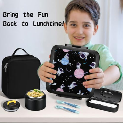 JXXM Bento Lunch Box for Kids With 8oz Soup Thermo,Leak-proof Lunch Containers with 5 Compartment,Thermo Food Jar and Lunch Bag, Food Containers for School (A-Black(Circumnavigate Space)) - color: A-Black(Circumnavigate Space)