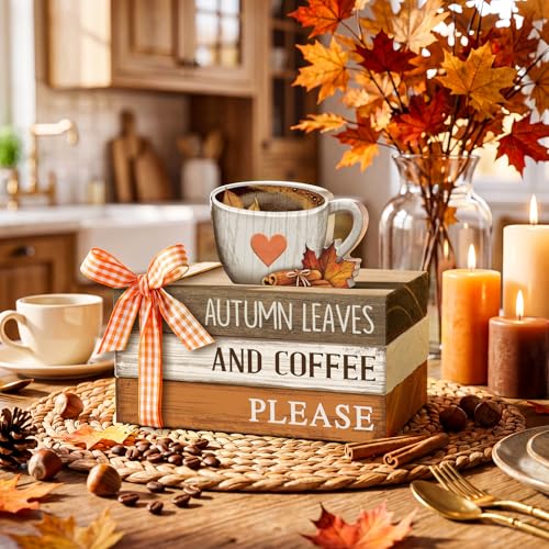 4 Pcs Fall Tiered Tray Decor Rustic Decorative Mini Wooden Faux Book Stack Autumn Maple Leaf Coffee Decorations Thanksgiving Harvest Farmhouse Table Centerpiece for Home Shelf Tabletop Office Kitchen - style: Fall