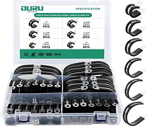 OURU 46PCS Cable Clamps Assortment Kit,Rubber Coated, 1/2"-2" 6 Sizes | 304 Stainless Steel, Anti-Vibration, Rust Resistant, Secure Hold, Automotive Wire, Pipe & Tube Mounting, Cable Management - size: 46pcs - 1/2", 1", 1-1/4", 1-1/2", 1-3/4", 2"