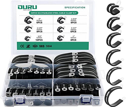OURU 46PCS Cable Clamps Assortment Kit,Rubber Coated, 1/2"-2" 6 Sizes | 304 Stainless Steel, Anti-Vibration, Rust Resistant, Secure Hold, Automotive Wire, Pipe & Tube Mounting, Cable Management - size: 46pcs - 1/2", 1", 1-1/4", 1-1/2", 1-3/4", 2"