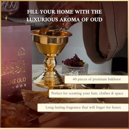 Dukhni Oud Bakhoor Deluxe by Dukhni | Arabic Bakhoor Incense | 40 pcs | Handmade, Rich, Luxurious | Natural Woody Oud Blend | Luxurious Ramadan & Eid Gift | to Relax & Meditate