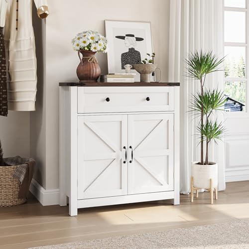 Semiocthome Farmhouse Sideboard Buffet Cabinet with Storage and Adjustable Shelf, Accent Table with Barn Door, Storage Cabinet for Kitchen, Dining Room, Bathroom, Entryway - White - color: White