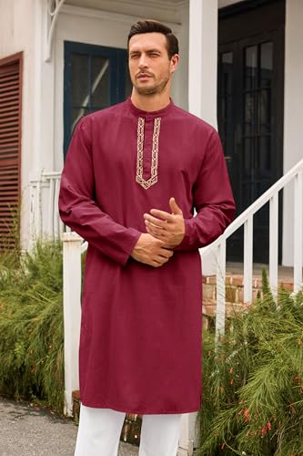 Runcati Mens Kaftan Thobe Button Down Casual Henley Shirts Long Sleeve Robe Cotton Linen Muslim Gown Shirt - color: Burgundy, size: Small