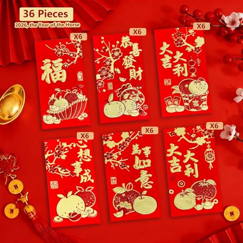 36pcs Red Envelopes Chinese New Year, Chinese Hong Bao Envelopes for Money, 2026 Lunar New Year of The Horse Red Packets with 6 Unique Gold Embossed Designs for Spring Festival, Large
