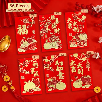 36pcs Red Envelopes Chinese New Year, Chinese Hong Bao Envelopes for Money, 2026 Lunar New Year of The Horse Red Packets with 6 Unique Gold Embossed Designs for Spring Festival, Large