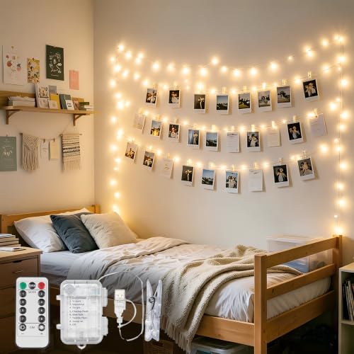 suddus 16ft 50 LED Fairy Lights with Clips for Pictures, Photo Lights with Remote USB Powered & Battery Operated with 22 Clear Clips, String Lights for Party, Bedroom, Decoration, Warm White - color: Warm White, size: 50LEDUSB/Battery
