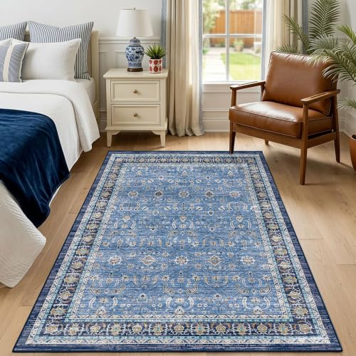 Blue Gray Farmhouse Area Rugs 3x5, Washable Upgraded Non-Slip Vintage Distressed Rug, Low Pile Print Pattern Carpet for Living Room, Entryway, Bedroom, Kitchen, Office, Bathroom, Blue Multi - color: Blue Multi, size: 3' x 5' (Rectangular)