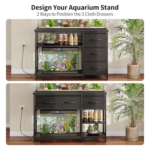 Garvee 55-75 Gallon Aquarium Stand, Heavy Duty Fish Tank Stand with Drawers & Shelves, LED Light, 1000lbs Capacity, Fish & Reptile Tanks Stand with Power Outlet & USB