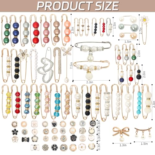 110 PCS Pearl Brooch Sock Charms Pins for Women Gold Rhinestone Junk Sock Charms Pins Sock Accessories Pant Waist Tightener for Women Hat Sweater Shirt Pant - color: Gold