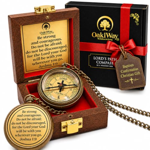 Lord's Path Compass - Baptism, Communion, Confirmation, Christian Gifts for Teenage Boys | Religious Gifts for Men, Graduation Inspirational Present - Greeting Card Included - color: Joshua 1:9